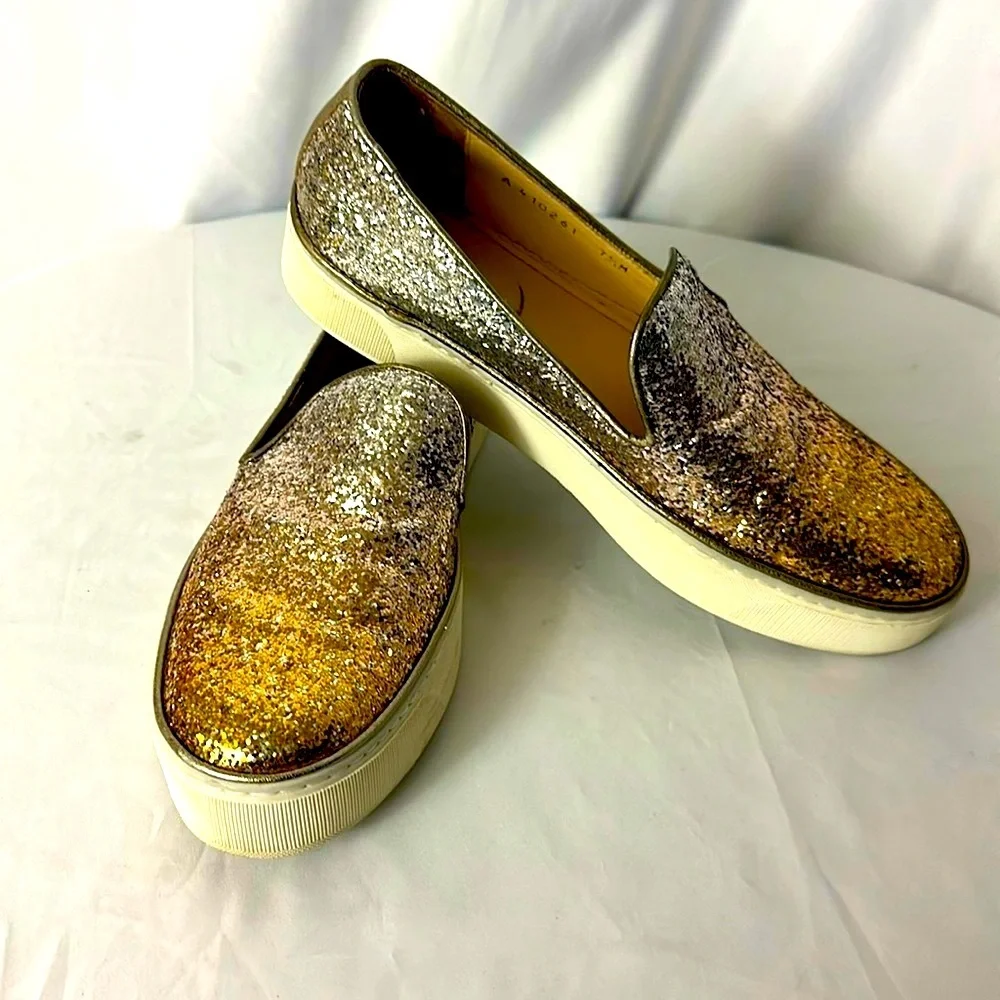 Stuart Weitzman Biarritz Glitter Slip-On Sneakers / Loafers Gold-Silver Sz 7.5